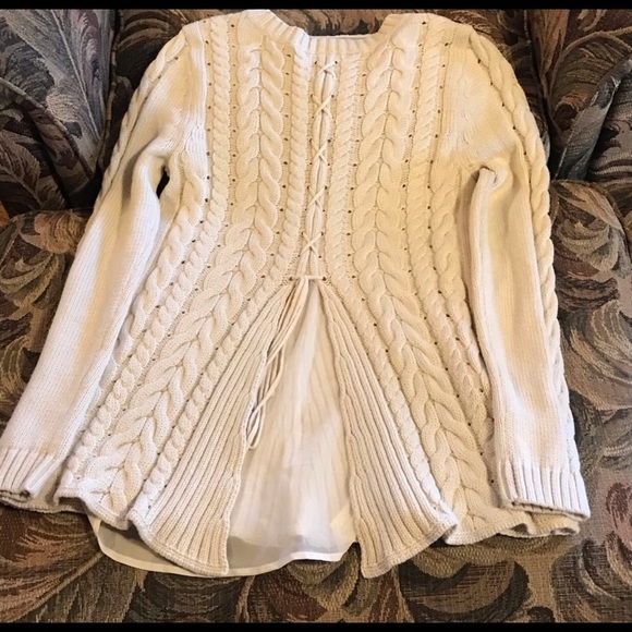 CAbi 3157 Ivory Lace Up Cable Knit Sweater Womens Medium Livie Preppy Coquette - Picture 8 of 8